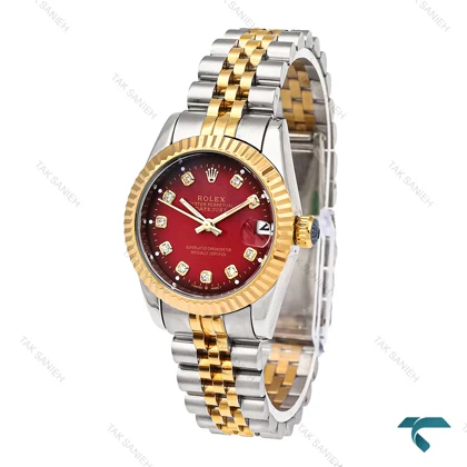 رولکس زنانه دورنگ طلایی صفحه قرمز مدیوم Rolex-5978-M-L