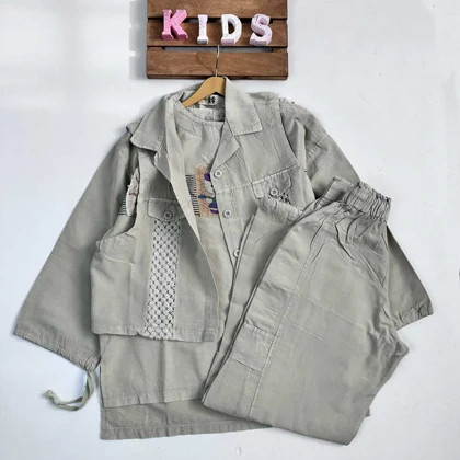 سه تیکه کتان دخترانه مانتو جلیقه با شلوارکارگو