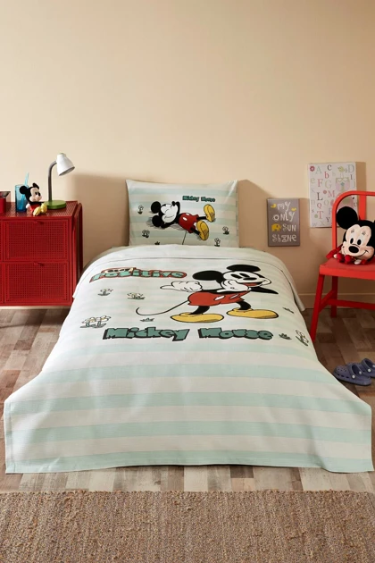 سرویس روتختی یک نفره Özdilek مدل Mickey Mouse Positive پنبه‌ای - نعنایی