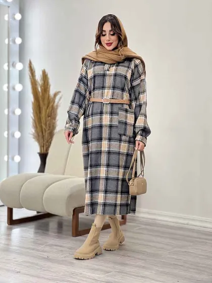 پیراهن بلند چهارخونه آستین پیله