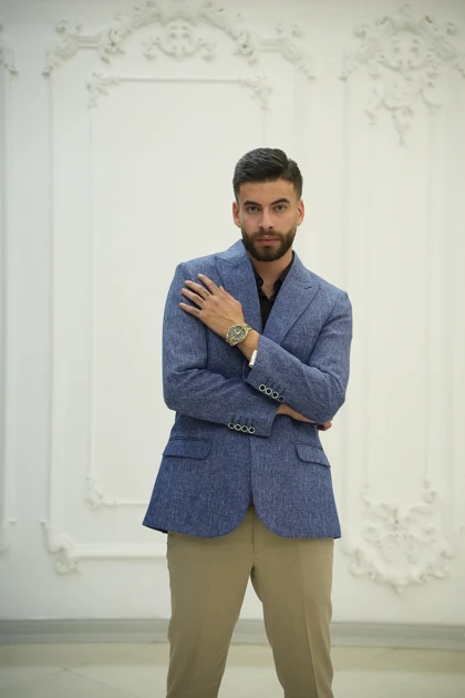 کت تک مردانه مدل کتان آبی جیب پاکتی