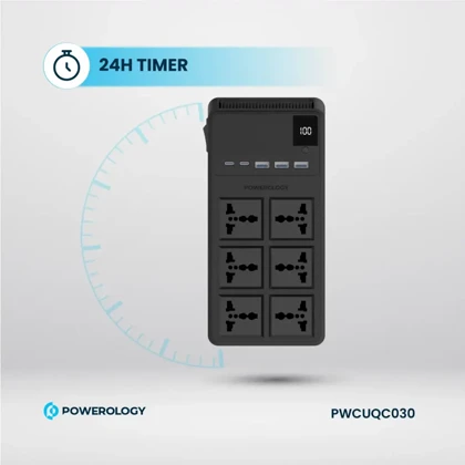 چند راهی برق پاورولوژی مدل PWCUQC030 با 6 سوکت، 5 پورت و کابل شارژ