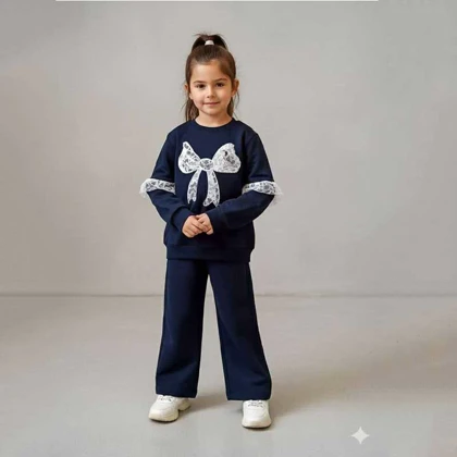 بلوز شلوار دخترانه پاپیون توری نیم بگ