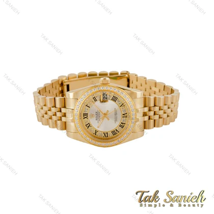 ساعت رولکس زنانه طلایی دورنگین صفحه سیلور ایندکس یونانی Rolex-5122-M-L