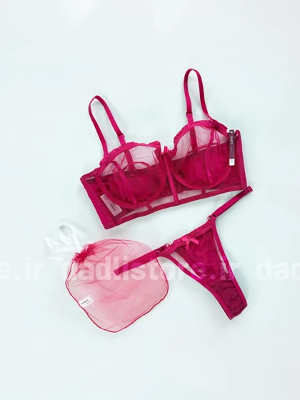 ست شورت و سوتین فنر دار پایه بلند تور و دانتل سرخابی