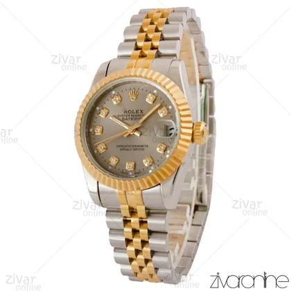 ساعت رولکس دیت جاست زنانه صفحه طوسی ایندکس نگین‌دار مدیوم 105045