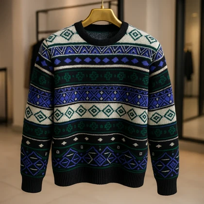 ژاکت بافت باکسی مردانه طرح گلیم - استایل جدید وینتیج کد 11