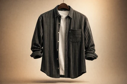 پیراهن پشمی مردانه راه راه ذغالی – جیب دیزاینر افقی_طراحی مینیمال پرمیوم
