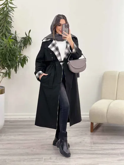 بارانی یقه چهارخونه پرچ دار