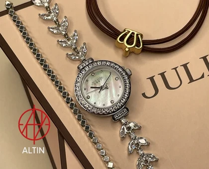 ست ساعت مچی زنانه جولیوس (Julius) مدل JA-1435A (مجلسی نگین‌دار، صفحه صدفی، رنگ نقره‌ای)