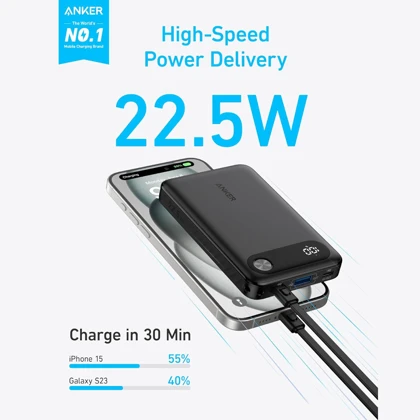 پاور بانک 10000 میلی‌آمپر 22.5 وات فست شارژ Type-C و USB همراه با کابل دو سر تایپ سی انکرA1257