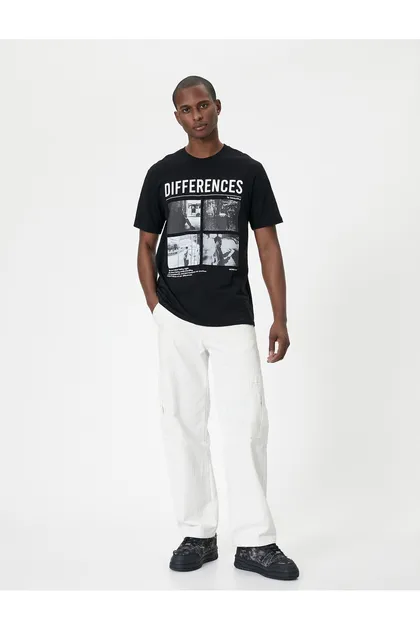 تیشرت یقه کوتاه نخی با چاپ شعار 4SAM10291HK