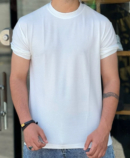 تیشرت یقه گرد بافت حصیری پارچه درجه یک نیم لش سفید