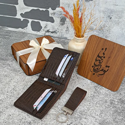 ست هدیه چرم کیف پول چرم جیبی مردانه چرم طبیعی 2لت طرح لیزارد