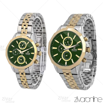 ست ساعت داتیس سه موتوره طلایی نقره ای صفحه سبز ایندکس خطی 106923