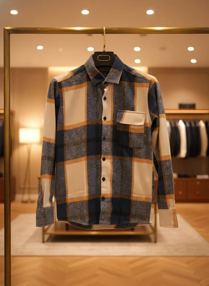 پیراهن پشمی چهارخونه با پارچه برس‌خورده نرم باترکیب رنگ آبی‌سرمه‌ای با ته مایه های رنگ کرم نارنجی – کد 894