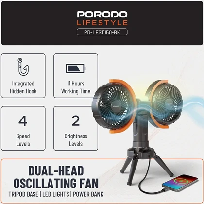 پنکه شارژی، چراغ کمپینگ و پاور بانک پورودو Porodo PD-LFST150-BK رومیزی و قابل آویز