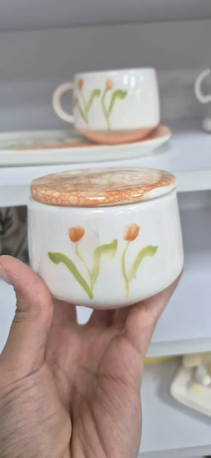 چای خوری سرامیک تک نفره آبرنگی گلی