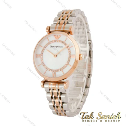 ساعت امپریو آرمانی زنانه دو رنگ رزگلد صفحه سفید نگین‌دار Armani-4403-L