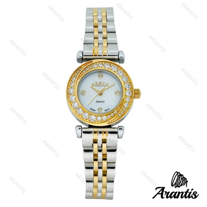 ساعت الکسا 2000z زنانه دو رنگ طلایی صفحه سفید دورنگین w-10104