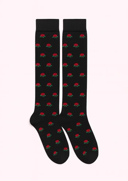 جوراب زیر زانو زنانه مشکی طرح گل سرخ