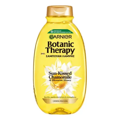 شامپو شفاف‌کننده و احیاکننده گارنیه Botanic Therapy، حاوی عصاره بابونه آفتاب‌خورده و عسل شکوفه برای موهای بلوند Garnier Botanic Therapy Sun-Kissed Chamomile & Blossom Honey Shampoo for Blonde Hair