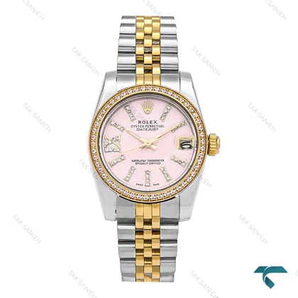 ساعت رولکس زنانه دورنگ طلایی دورنگین صفحه صورتی Rolex-6540-L