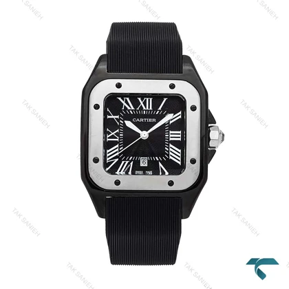 ساعت کارتیه سانتوس 100 زنانه مشکی نقره ای بند رابر Cartier-6367-L