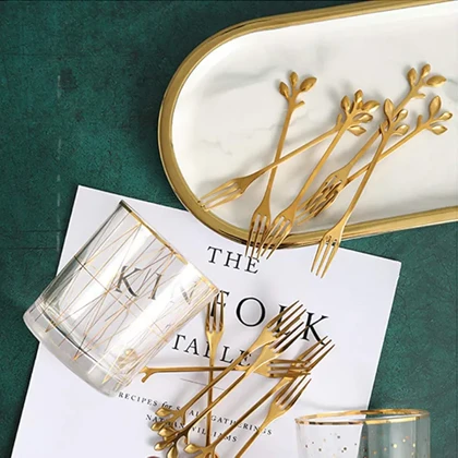 چنگال 6 عددی طلایی طرح برگ