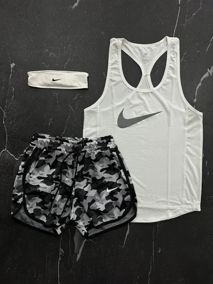 پکیج کد E816 شامل رکابی + شلوارک + هدبند نایکی با تم سفید طوسی