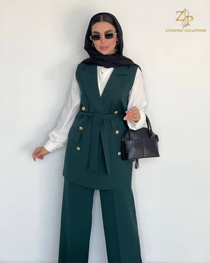 ست وست و شلوار زنانه کرپ مجلسی زمرد