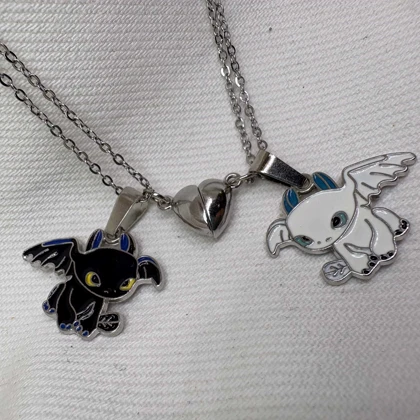 ست گردنبند دو نفره مدل «اژدها و قلب مگنتی» | پلاک مکمل با زنجیر دیپلمات استیل