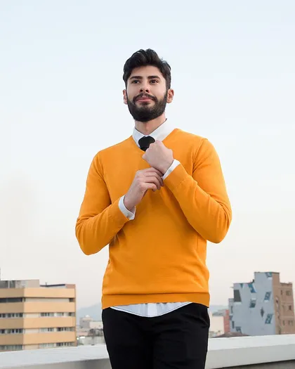 پلیور بافت مردانه ساده یقه هفت زرد- 3XL