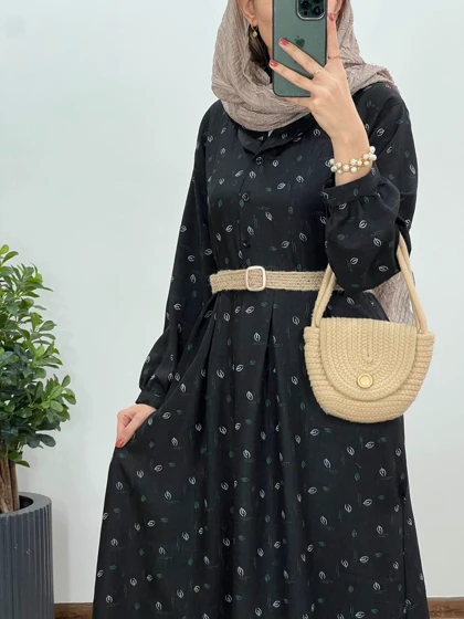پیراهن مانتویی بلند کاج به همراه کمربند کد 2577
