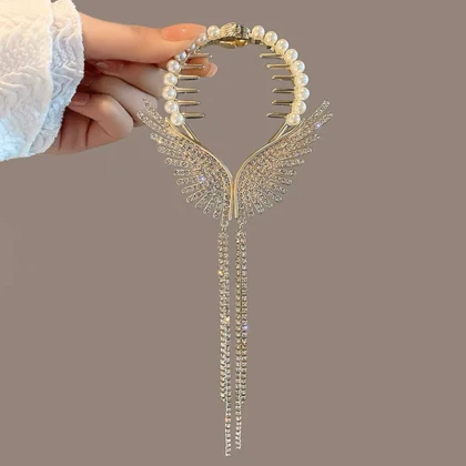 گیره مو زنانه مدل آبشاری گوجه ای طرح بال فرشته آویز دار