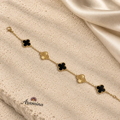 دستبند ونکلیف زنانه مشکی آبکاری طلا رنگ ثابت ARA 109