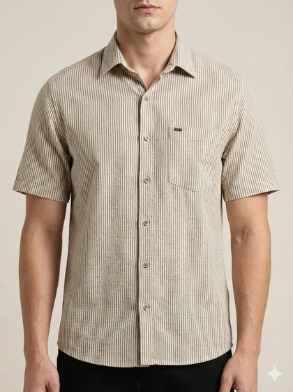 پیراهن مردانه آستین کوتاه راه راه کنفی کرم 713