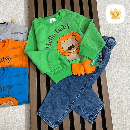 بلوز شلوار جین پسرانه کیفیت عالی برند FIBILO طرح شیر مناسب 1 تا 4 سال