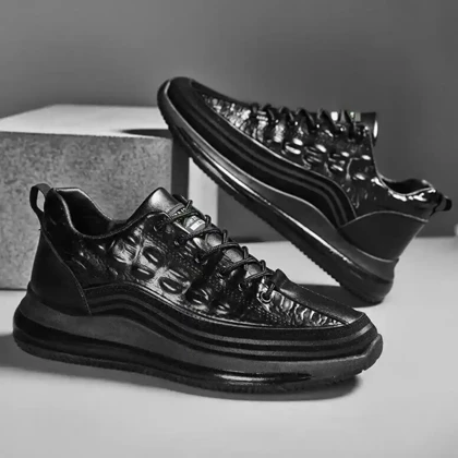 کتانی مردانه جدید با طرح چرم تمساح مشکی Men’s Crocodile Pattern Black Casual Sneakers