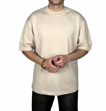 تیشرت آستین کوتاه کرمی ساده پارچه ماکان