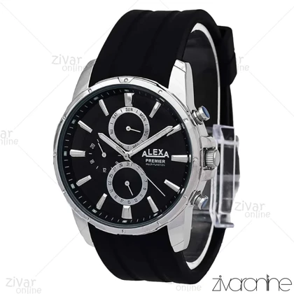 ساعت الکسا پریمیر A0102 مردانه سه موتوره قاب سیلور بند رابر مشکی 106211