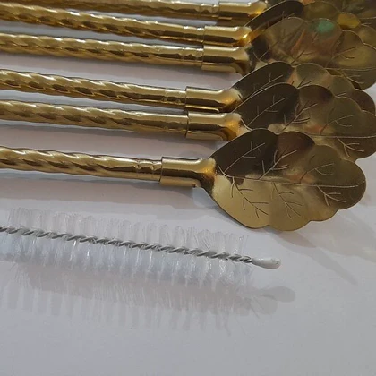 نی شربت استیل طلایی 6عددی بافرچه طرح برگ/p401