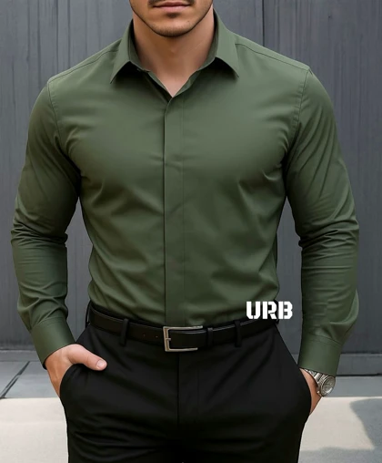 پیراهن سبز لجنی مردانه پارچه ساتن پنبه کش دوخت صنعتی یقه SNT