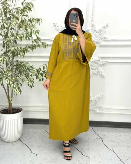 پیراهن لینن گلدوزی آستین کیمونو خردلی 6025