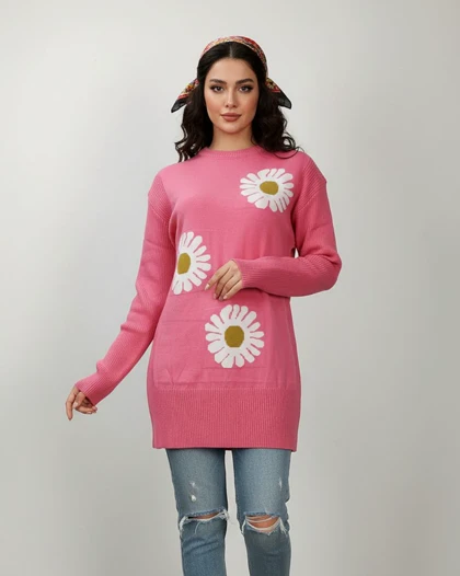تونیک بافت زنانه طرح گل بابونه آستین بلند یقه گرد کد 1210