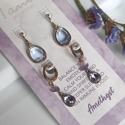 ست 2 تایی گوشواره زنانه با سنگ طبیعی آمتیست – آویز بلند و حلقه‌ای