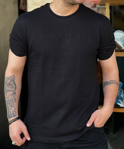 تیشرت یقه گرد بافت حصیری پارچه اعلا درجه یک نیم لشمشکی