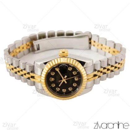 ساعت رولکس دیت جاست زنانه دورنگ طلایی صفحه مشکی نگین‌دار 103531