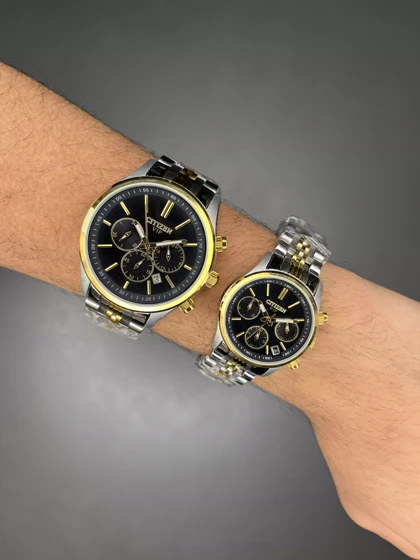 ساعت مچی سیتیزن کورنوگراف بند سیلورطلایی صفحه مشکی Citizen VIP