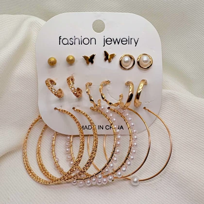 پک 9 جفتی گوشواره طلایی مدل «پروانه» | مجموعه میکس مرواریدی و زنجیری (اقتصادی)